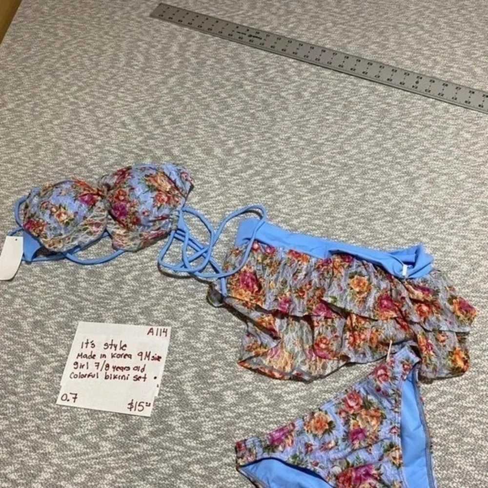 Coloured bikini set‎ top, bottoms, skirt Korea 9M=girl 7-8 years old. SKU-A114
